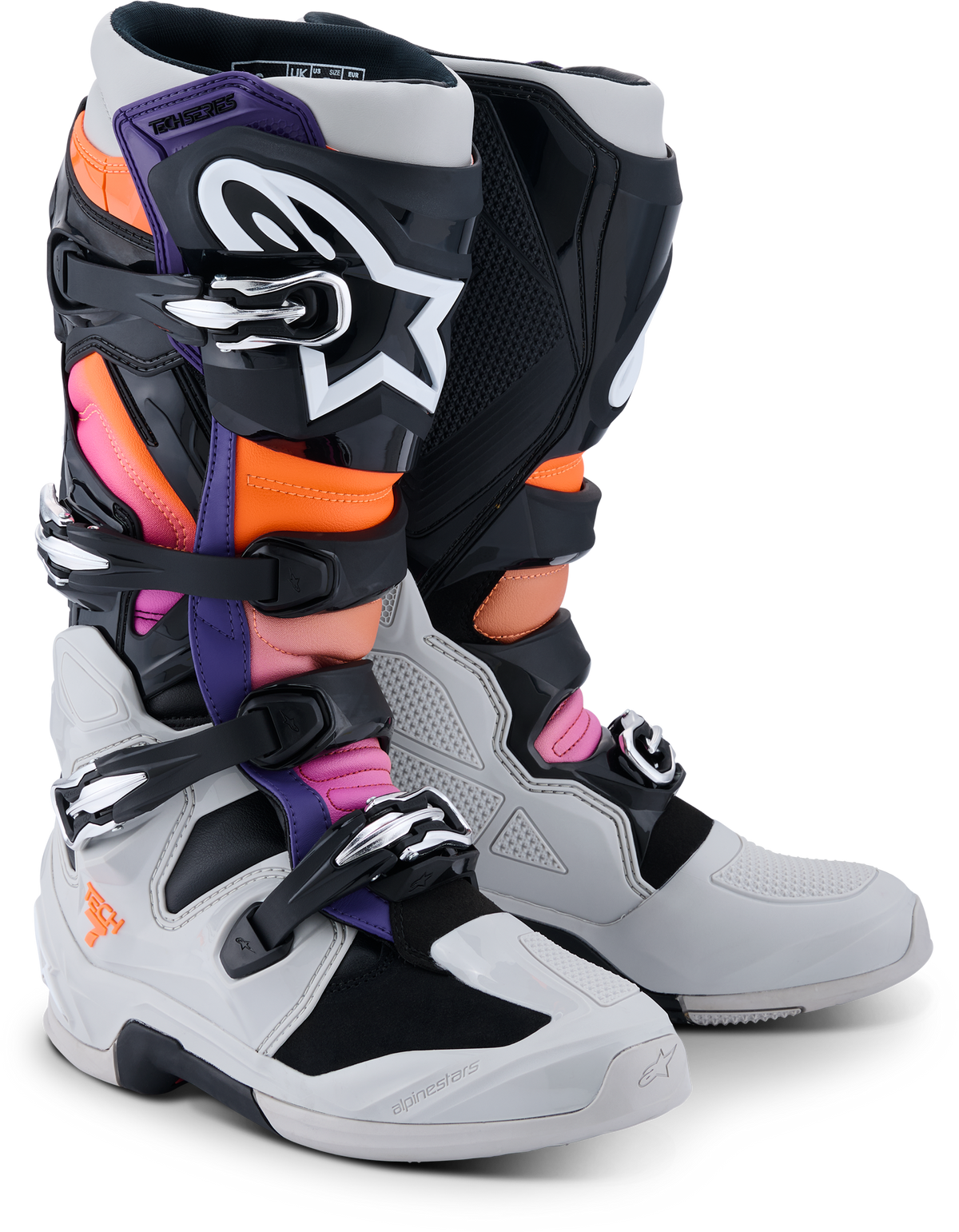 Alpinestars Tech 7 Offroad Boots for Men - US Size 10, Black/Light Grey/Orange Fluorescent/Magenta