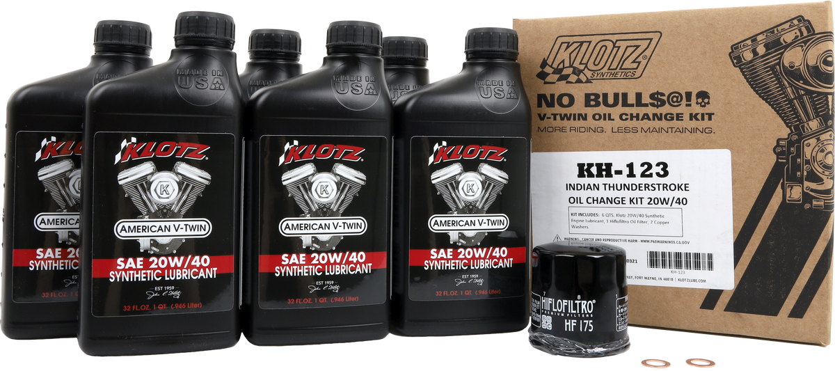 Klotz Indian Thunderstroke 6 Quart Synthetic Oil Change Kit with HF175 Filter and Copper Washers