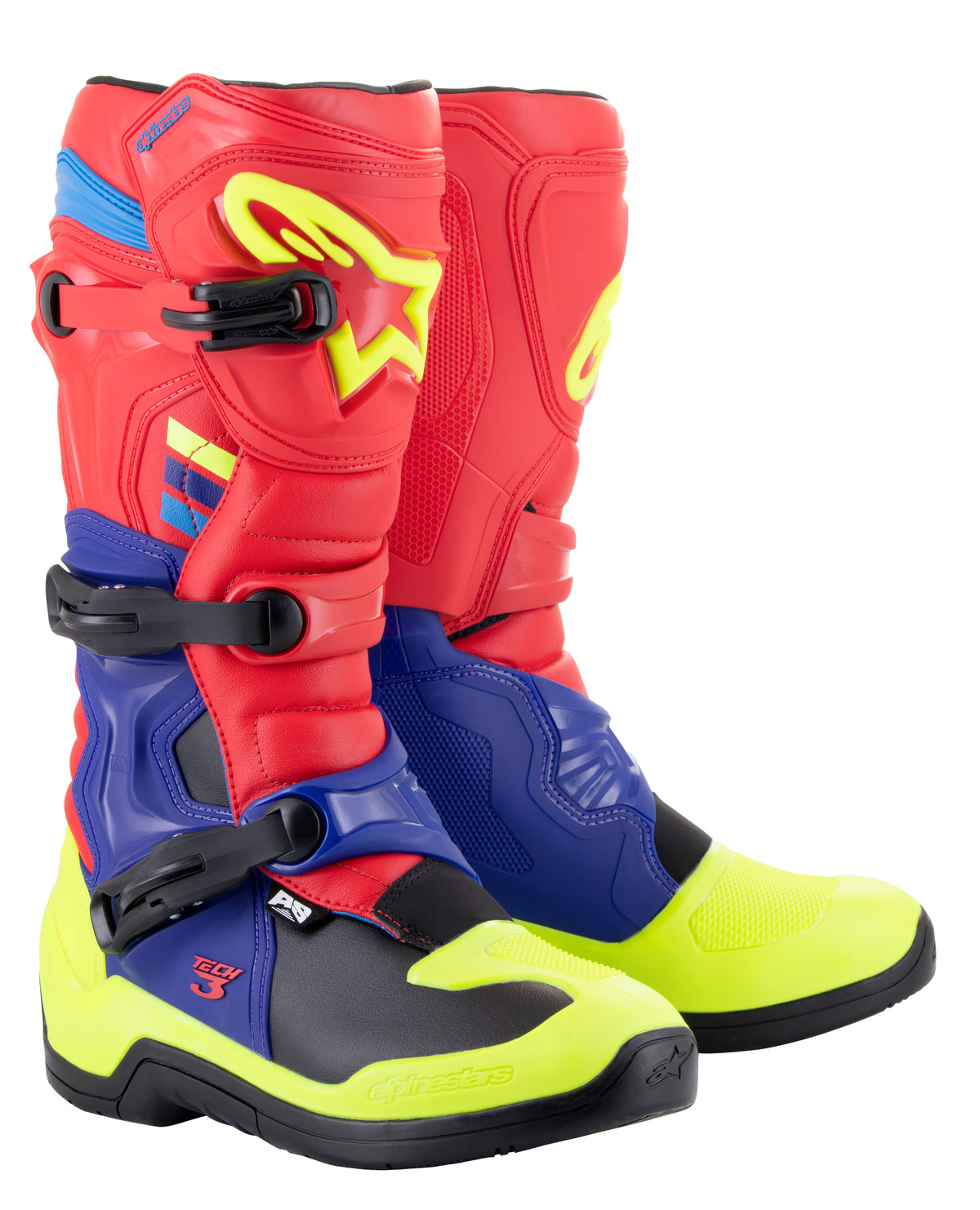 Alpinestars Tech 3 Off-Road Boots Size 16 Bright Red, Blue & Fluorescent Yellow
