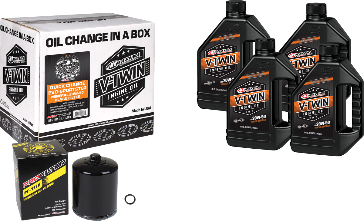 Maxima V Twin Oil Change Kit Evo Mineral with Black Premium Oil Filter