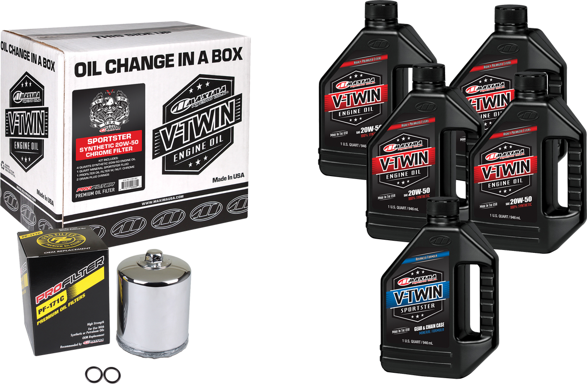 MAXIMA V Twin Synthetic Oil Change Kit XL with Chrome Filter – Easy Maintenance for Harley-Davidson Motorcycles