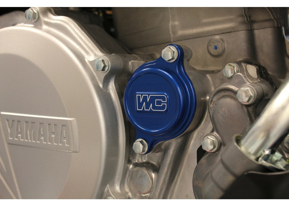 WORKS CNC Machined Oil Filter Cover for Yamaha YZ450F and YZ250F – Blue Aluminum Offroad Engine Component