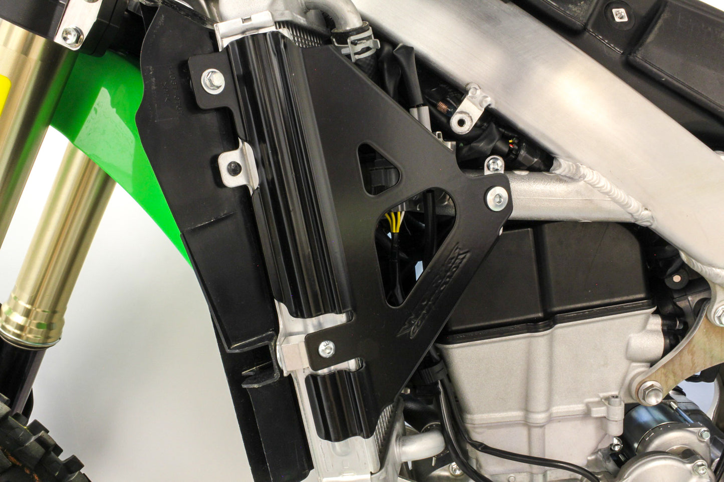 WORKS CNC Aluminum Radiator Braces for Kawasaki KX Series – Black