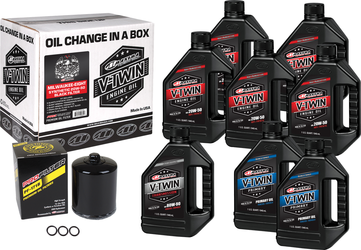 MAXIMA V Twin Synthetic Oil Change Kit for M8 with Black Premium Oil Filter