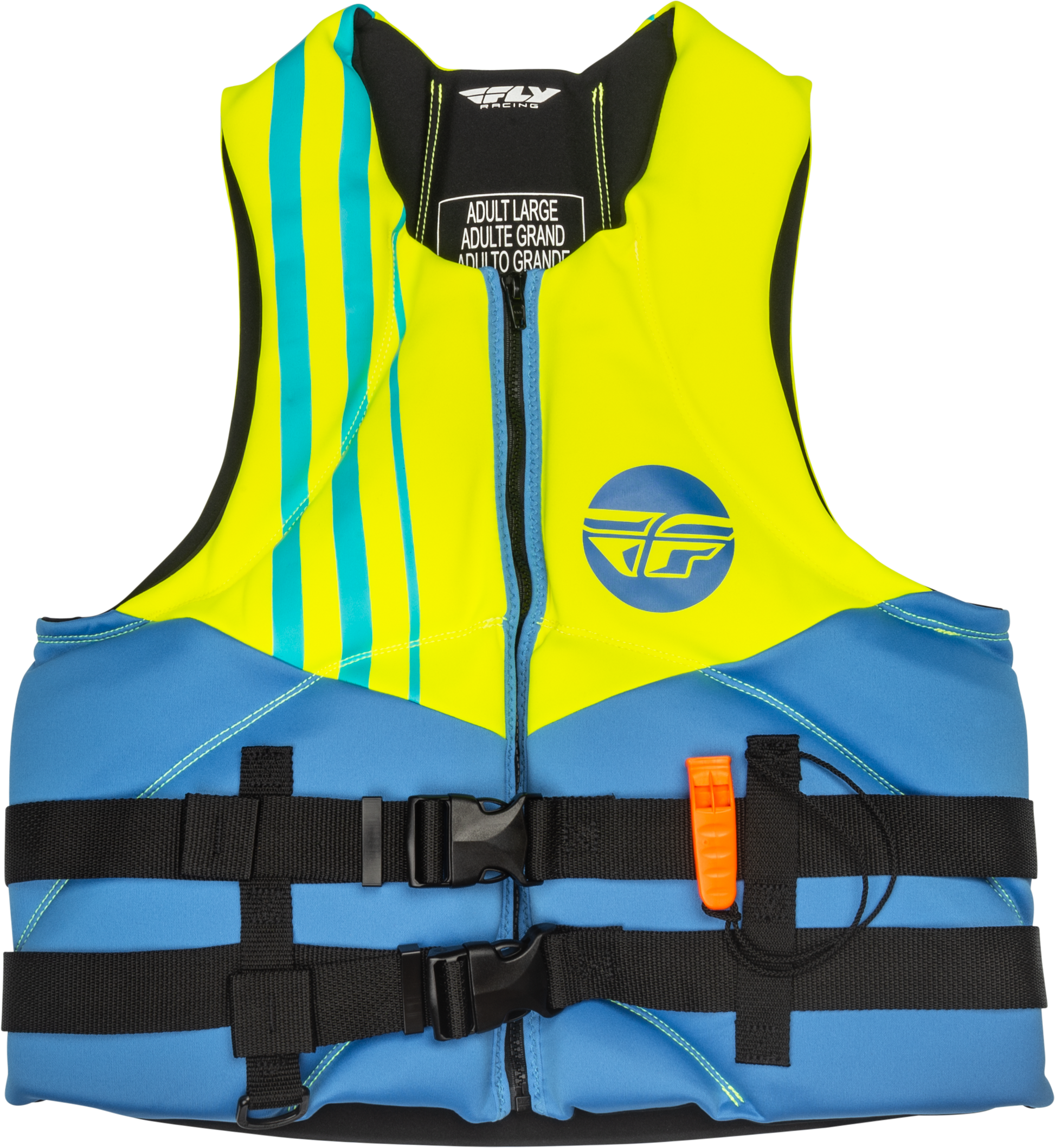 Fly Racing Neoprene Flotation Vest X-Small with Coast Guard Approval - Blue, Hi-Vis Yellow, and Teal