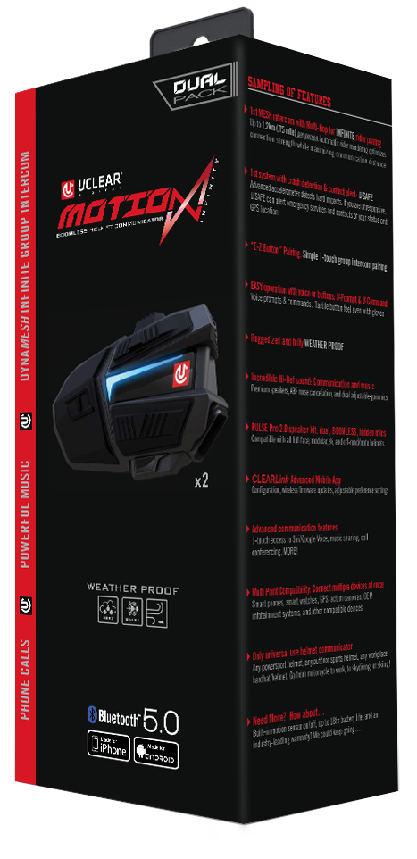 UCLEAR Motion Infinity Dual Motorcycle Communication System with DynaMESH Intercom and 18-Hour Battery Life