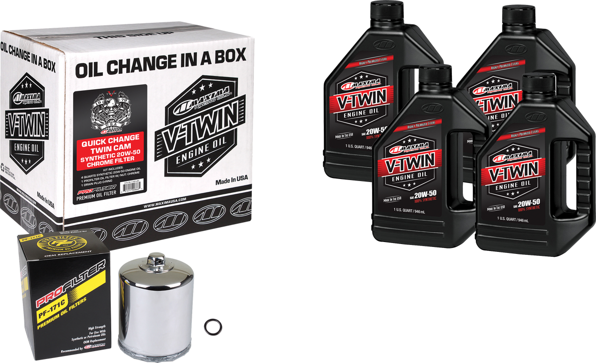 MAXIMA V Twin Synthetic Oil Change Kit with Chrome Filter – Part Number 90-119014PC