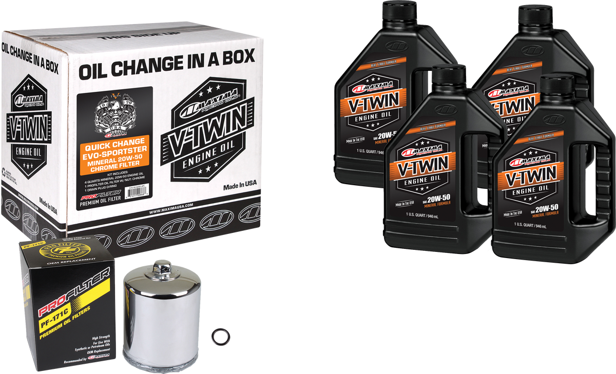 MAXIMA V Twin Oil Change Kit Evo Mineral with Chrome Filter – Complete Oil Service for Harley-Davidson Motorcycles