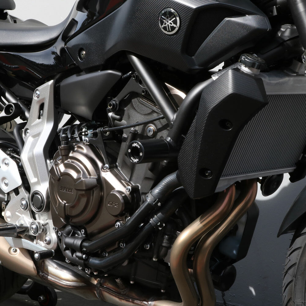 Shogun PA2 Frame Sliders for Yamaha MT-07 & XSR700 – No Cut, Black Anodized Inserts, One-Year Free Replacement Program