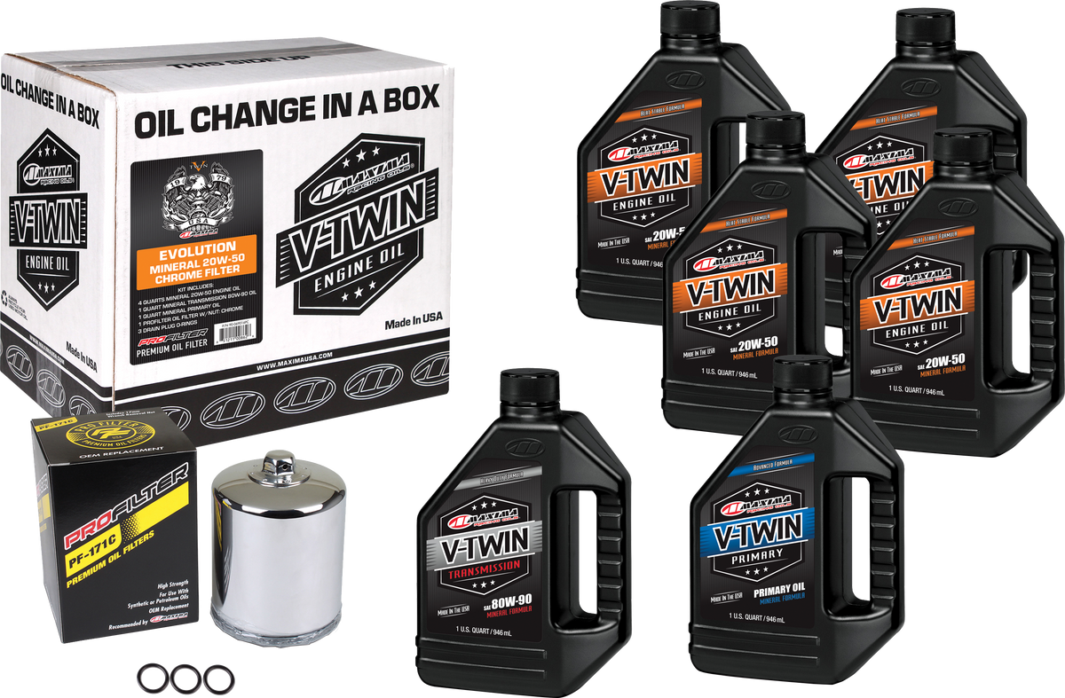 Maxima V-Twin Oil Change Kit with Chrome ProFilter - Mineral Oil Option