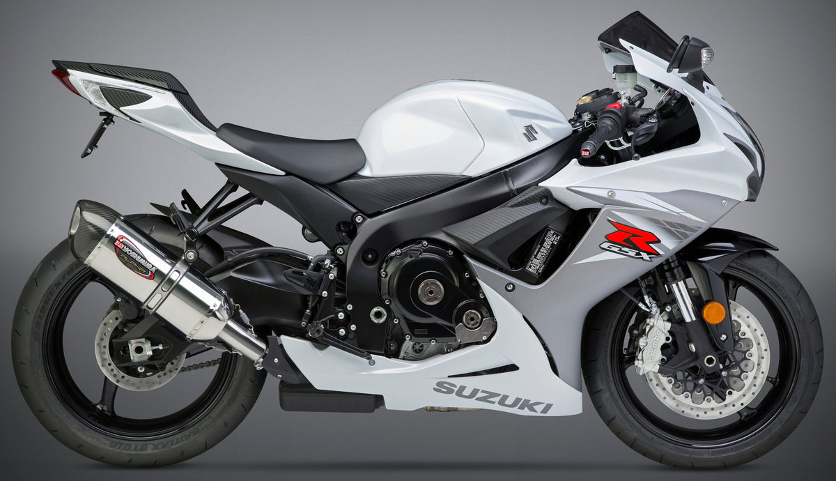 Yoshimura Alpha Series Slip-On Exhaust for Suzuki GSX-R Models – Matte Carbon Fiber End Cap and Exclusive Works Finish