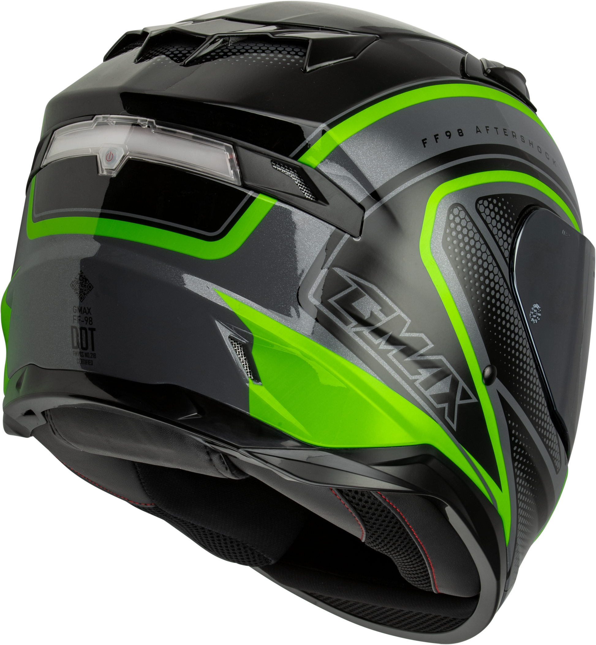 GMAX F1984767-DOT Aftershock Full-Face Helmet with Integrated LED Rear Light – X-Large Grey and Neon Green