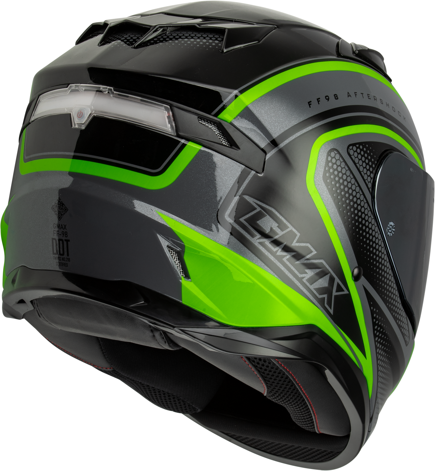 GMAX FF-98 Aftershock Helmet Large Grey and Neon Green with Quick-Release Shield and LED Rear Light