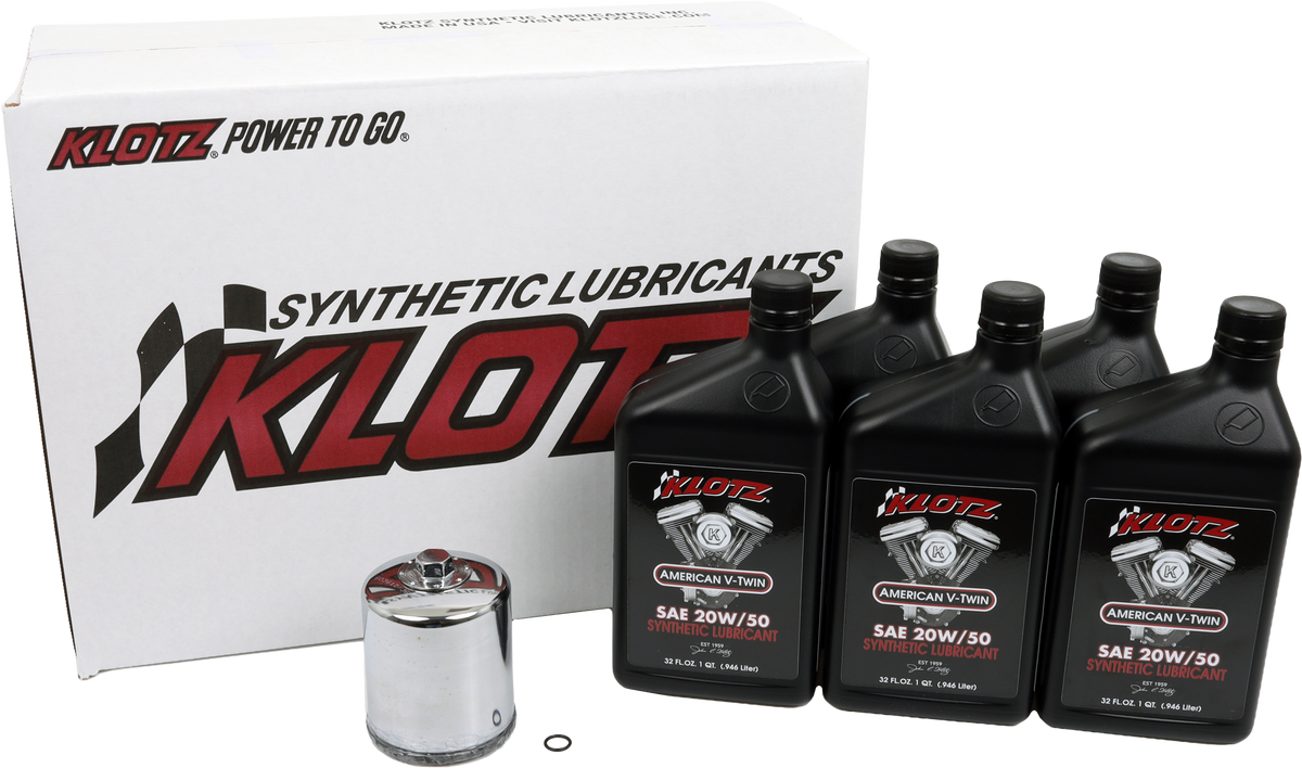KLOTZ Basic Harley Davidson 5 Quart Synthetic Oil Change Kit with KH-2050 20W-50 Motor Oil, Oil Filter, and Drain Plug O-Ring