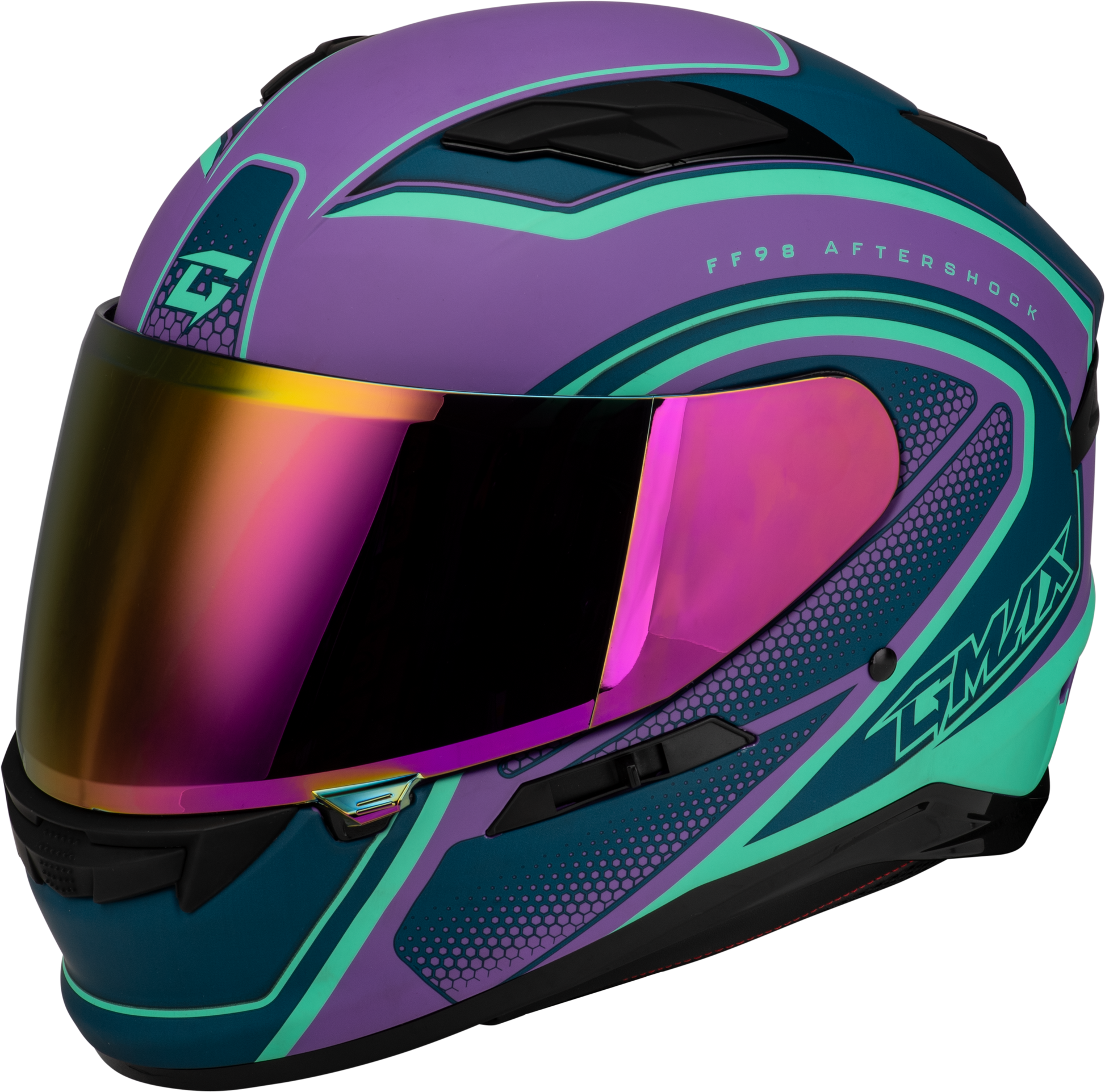 GMAX FF-98 Aftershock Full-Face Helmet with Integrated LED Rear Light – Large, Purple/Blue Matte