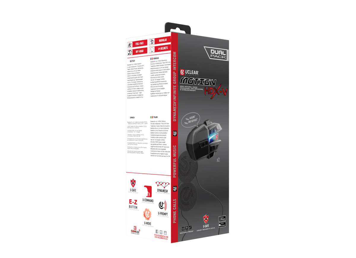 UCLEAR Motion HDX-V Dual Kit Helmet Communication System with Crash Detection and Long Battery Life
