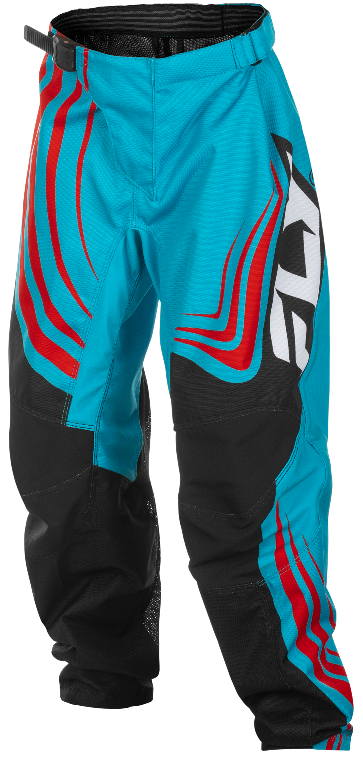Fly Racing Youth F-16 Offroad Pants in Cyan, Black, and Red – Size US 24