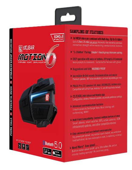 Uclear Motion 6 Single Universal Bluetooth Intercom System with 6-Rider DynaMESH and 18-Hour Battery Life