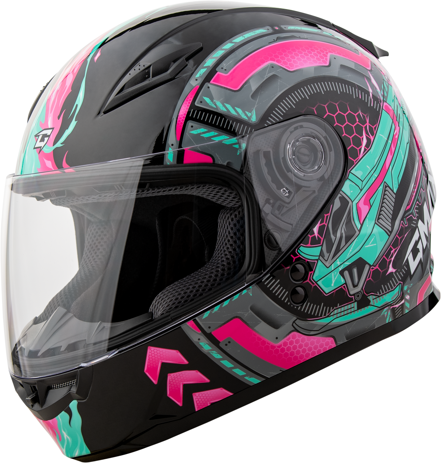 GMAX GM-49Y Youth Full-Face Helmet - Black, Pink & Aqua, Street Segment