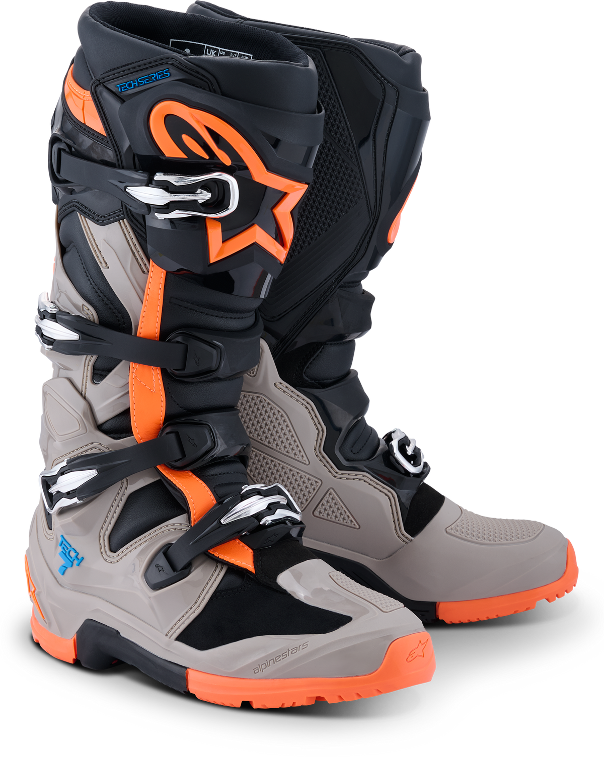 Alpinestars Tech 7 Enduro Offroad Boots US 8 Black, Warm Grey & Orange Fluo