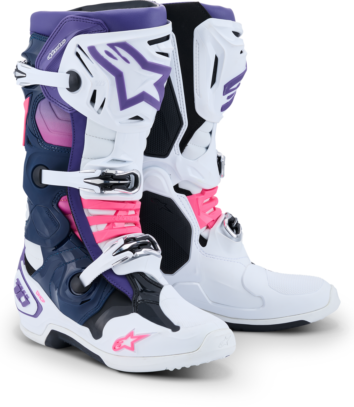 Alpinestars Tech 10 Offroad Boots - White, Violet, Navy Blue, and Pink Fluo, US Size 10