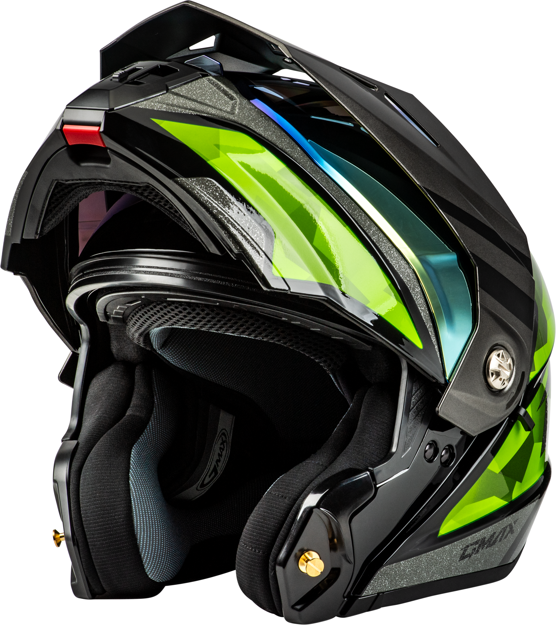 GMAX MD-74 Striker Modular Helmet with Mirror Gold Lens, Black/Silver/Green Metallic Finish, Size Medium