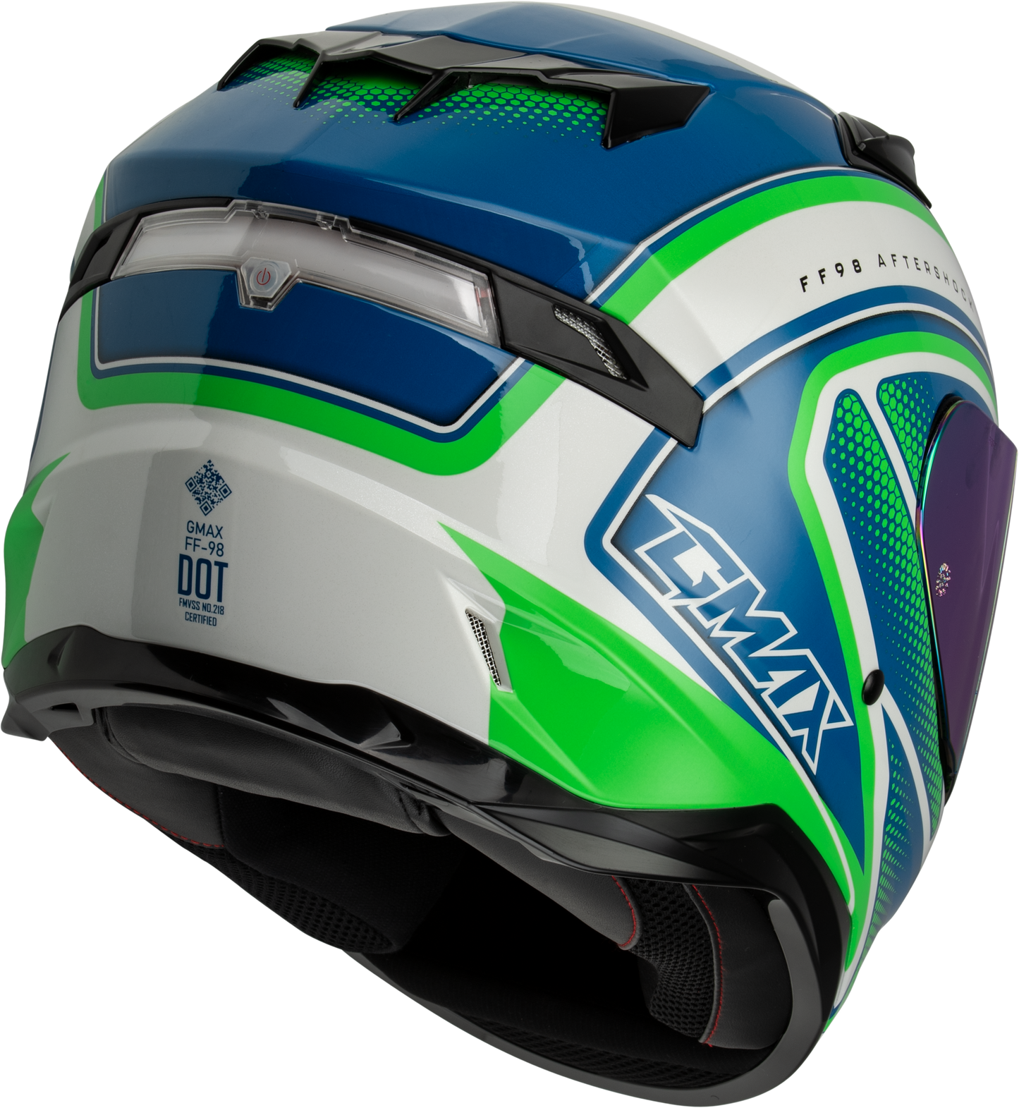 GMAX FF-98 Aftershock Full-Face Helmet with Integrated LED Rear Light and Quick-Release Shield - X-Small, White/Neon Green