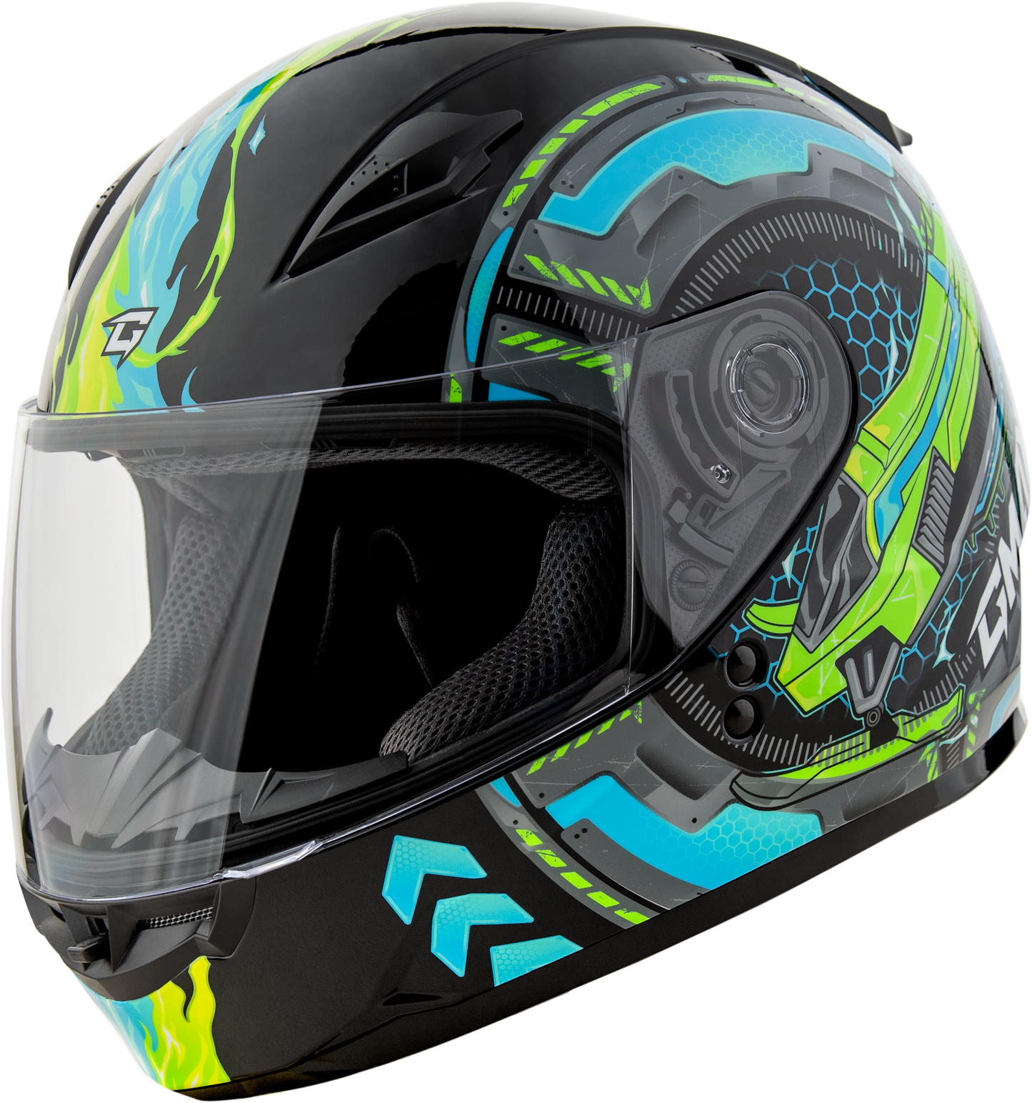 GMAX GM-49Y Youth Full-Face Helmet – Black, Blue & Green | Adjustable Interior & Lightweight Design