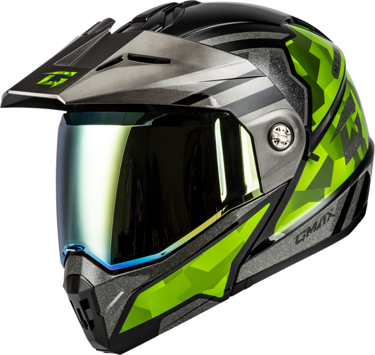 GMAX MD-74 Striker Modular Helmet with Mirror Gold Lens – Large, Black, Silver & Green Metallic