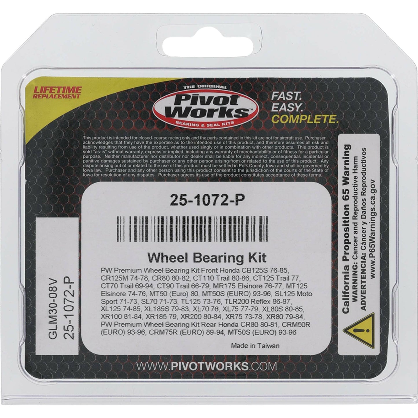 Pivot Works Wheel Bearing Kit Premium for Honda CT70 (1970-1979) - Part Number 25-1072-P