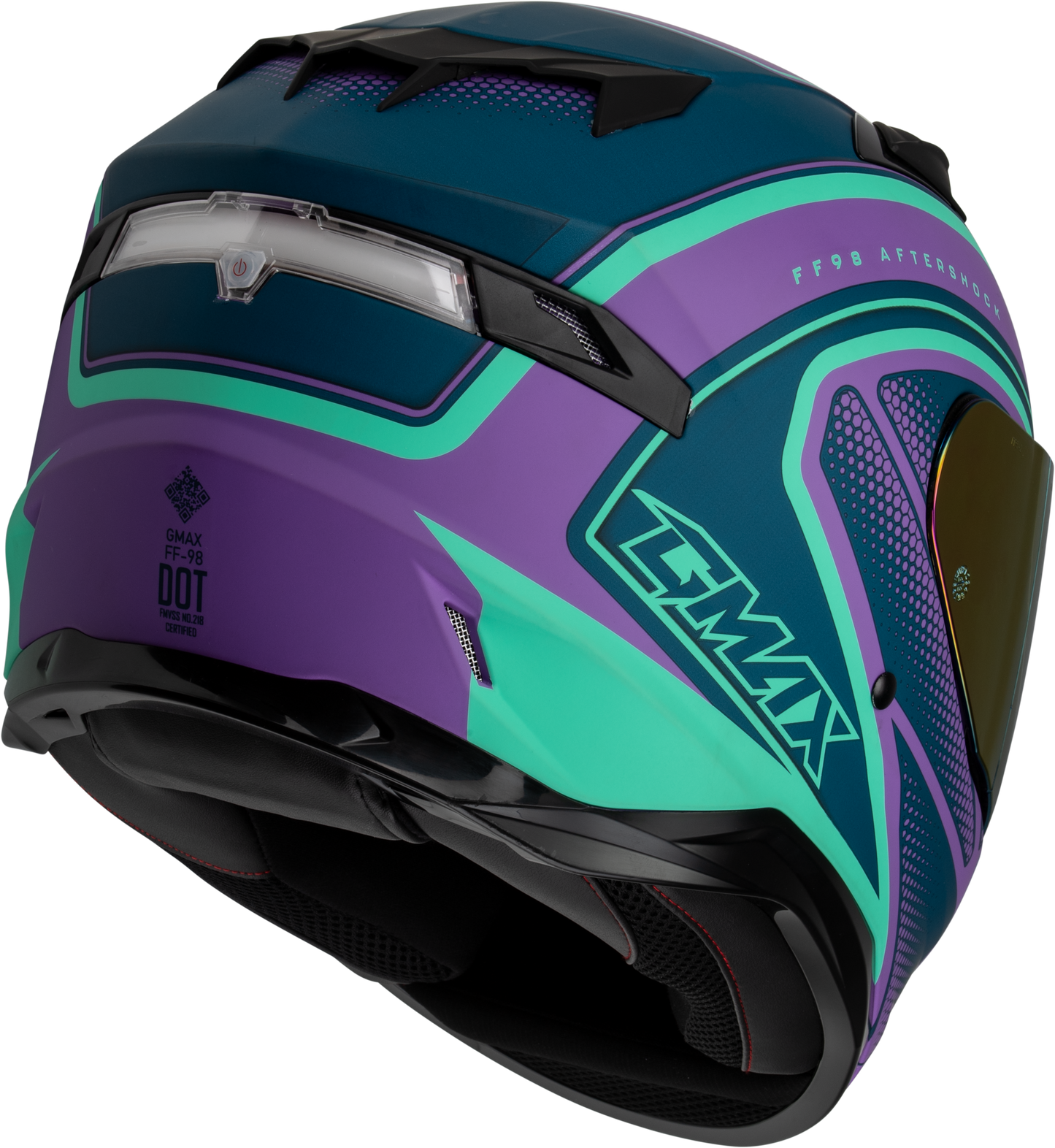 GMAX FF-98 Aftershock Full-Face Helmet with Integrated LED Rear Light – Large, Purple/Blue Matte