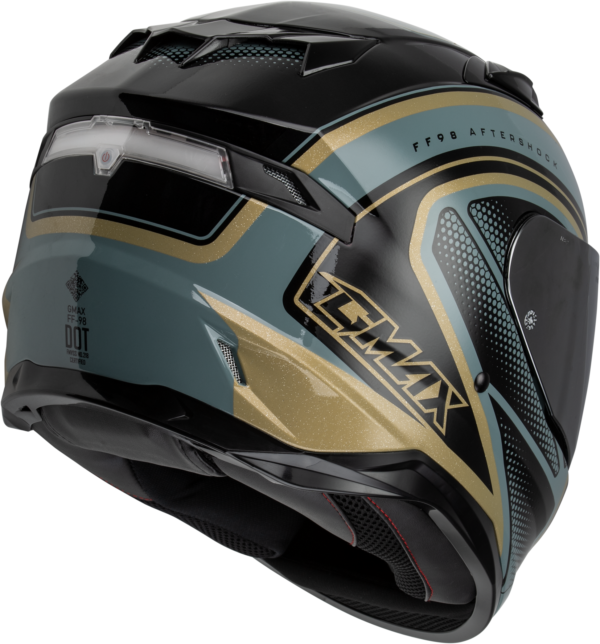 GMAX FF-98 Aftershock Full-Face Helmet with Integrated LED Rear Light – Large, Grey/Gold Metallic