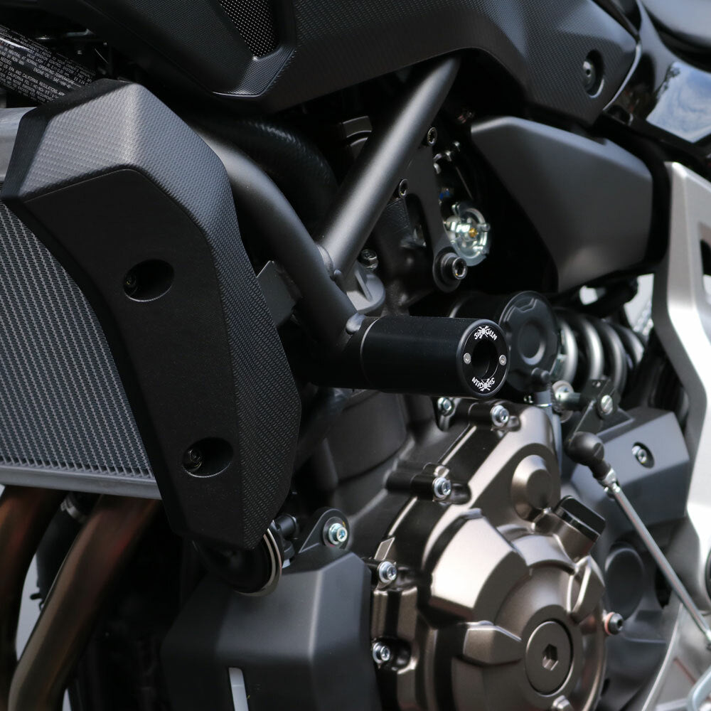 Shogun PA2 Frame Sliders for Yamaha MT-07 & XSR700 – No Cut, Black Anodized Inserts, One-Year Free Replacement Program