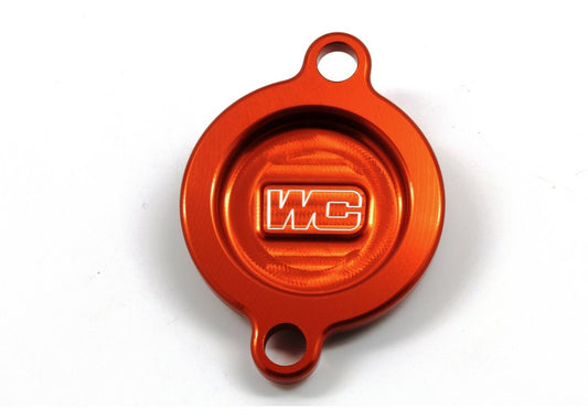 WORKS Oil Filter Cover for KTM and Husqvarna Offroad Models - Orange CNC Machined Aluminum