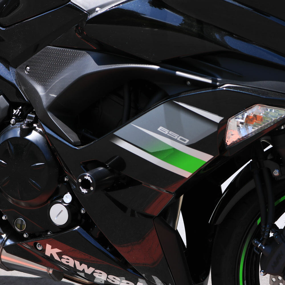 Shogun Pa2 Frame Sliders for Kawasaki Ninja 650 and Z650 (2017-2023) – Superior Protection and One-Year Free Replacement Program