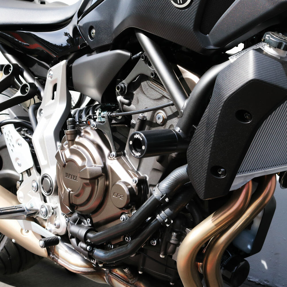 Shogun PA2 Frame Sliders for Yamaha MT-07 & XSR700 – No Cut, Black Anodized Inserts, One-Year Free Replacement Program