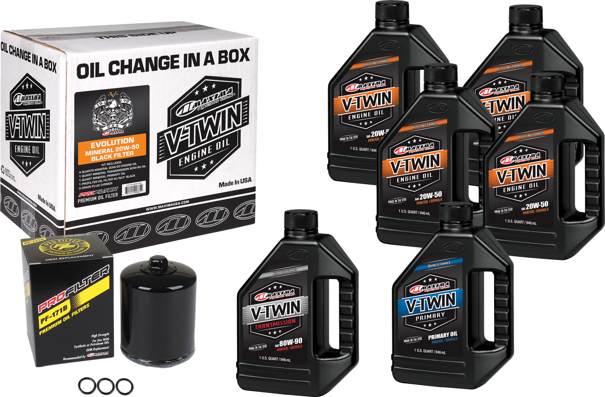 MAXIMA V Twin Oil Change Kit Mineral Evo with Black ProFilter - Complete Oil Service Solution for Harley-Davidson Motorcycles