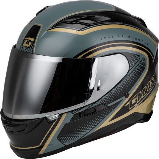 GMAX FF-98 Aftershock Full-Face Helmet with LED Rear Light – 2X-Large, Grey/Gold Metallic