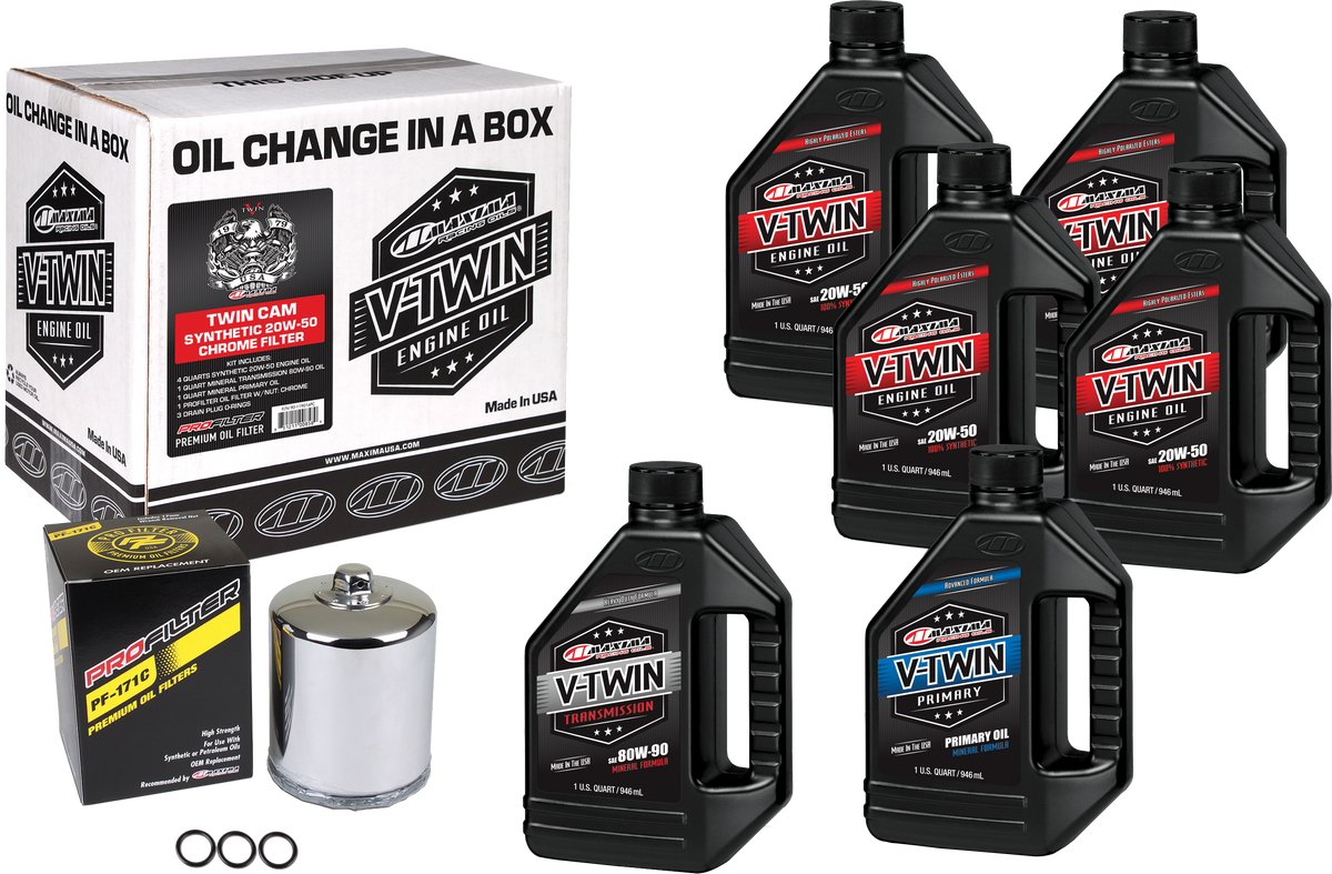 MAXIMA V-Twin Synthetic Oil Change Kit with Chrome Oil Filter for Harley-Davidson Motorcycles