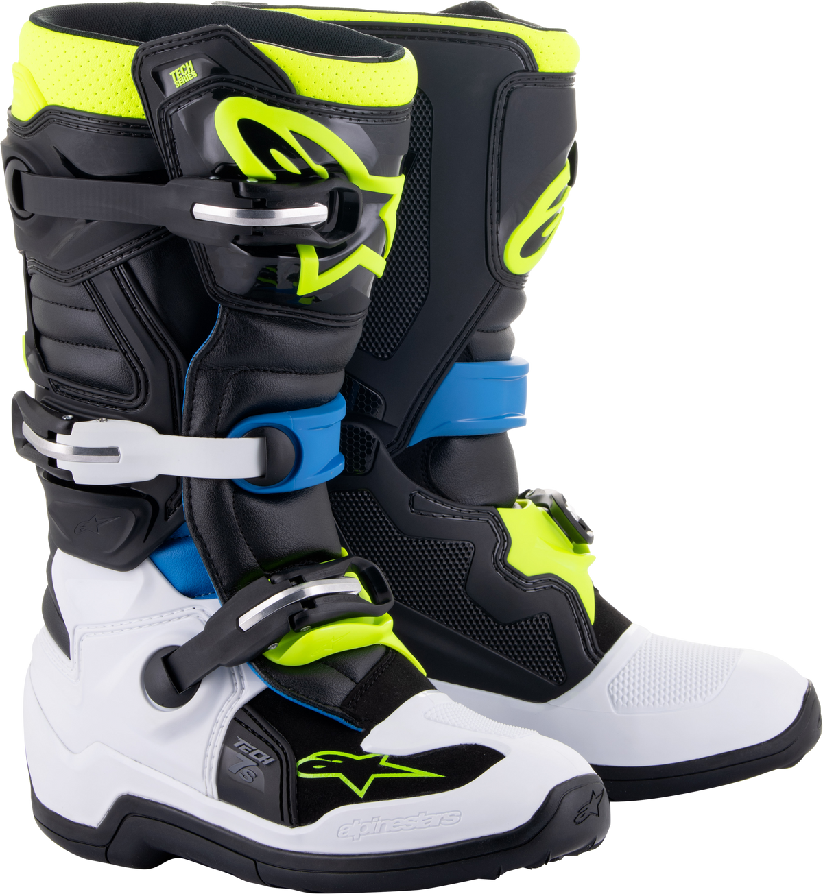 Alpinestars Tech 7S Youth Offroad Boots – Black, Enamel Blue & Fluorescent Yellow, Size US 7