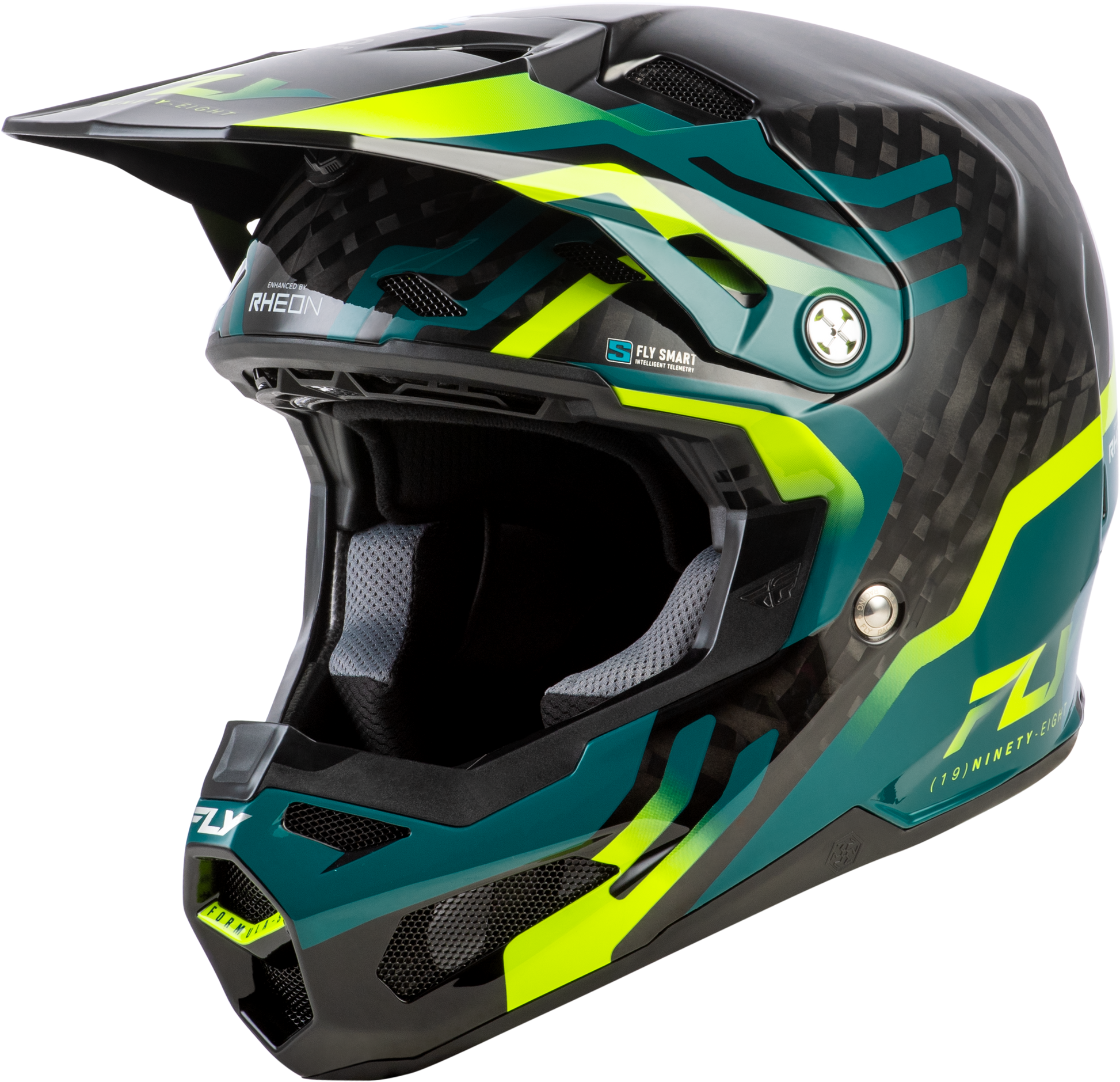 Fly Racing Formula S Carbon Byte Helmet X-Large Black Carbon/Teal/Lime – Offroad Motorcycle Helmet with Crash Detection and Advanced Safety Features