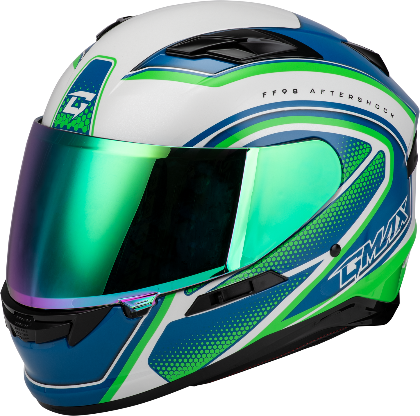 GMAX FF-98 Aftershock Full-Face Helmet with Integrated LED Rear Light and Quick-Release Shield - X-Small, White/Neon Green