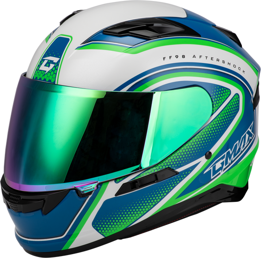 GMAX FF-98 Aftershock Full-Face Helmet with Integrated LED Rear Light and Quick-Release Shield - X-Small, White/Neon Green