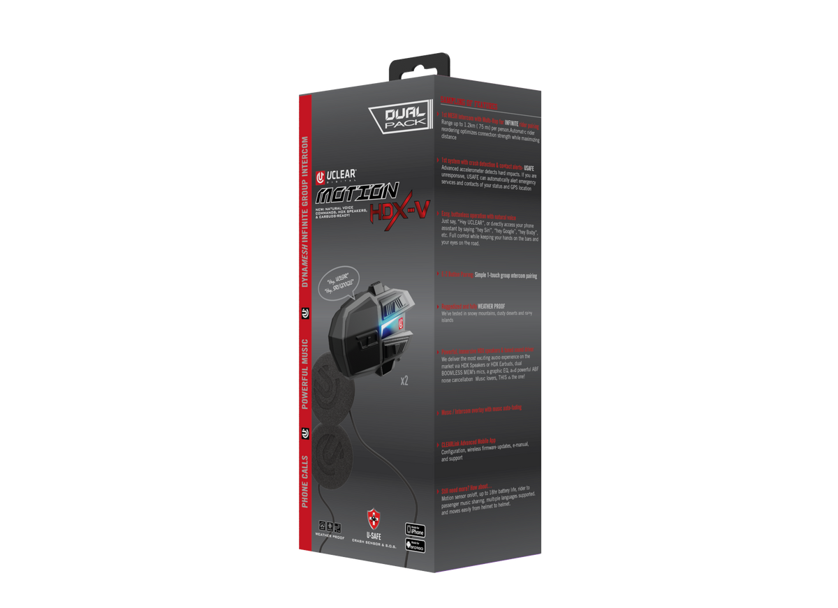UCLEAR Motion HDX-V Dual Kit Helmet Communication System with Crash Detection and Long Battery Life