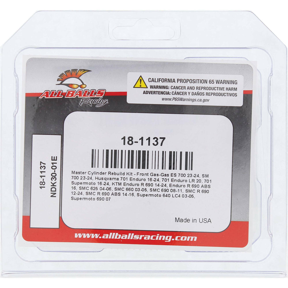 ALL BALLS Master Cylinder Rebuild Kit for Offroad Brake Systems (Part #18-1137)