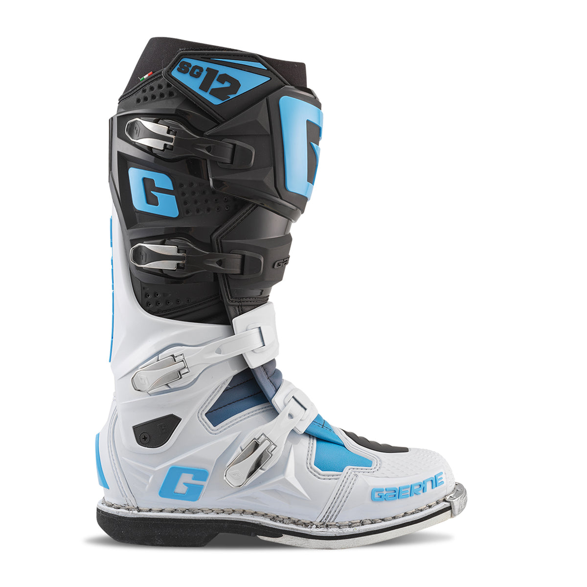 Gaerne SG-12 Offroad Motorcycle Boots Size 12 – Black, White & Carolina Blue