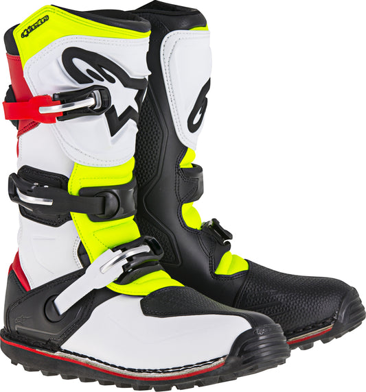 Alpinestars Tech T Offroad Boots White/Red/Yellow Size 5 - Durable Motorcycle Footwear with Impact Protection