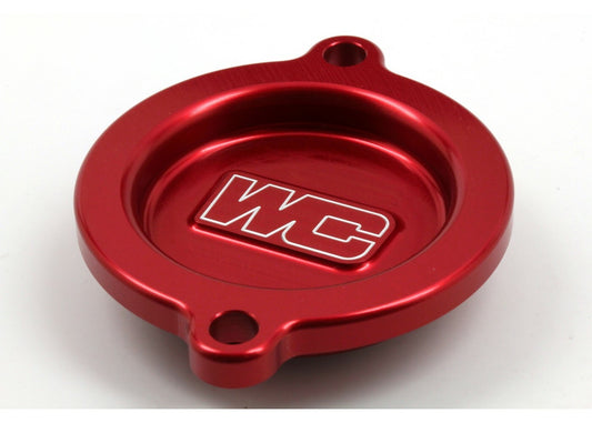 WORKS Red Oil Filter Cover for KTM and Husqvarna Offroad Engines - Part #27-115